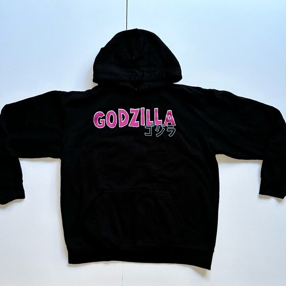 Official Toho Godzilla Hoodie Youth Large Black Neon City Kanji Back Print - Picture 2 of 11